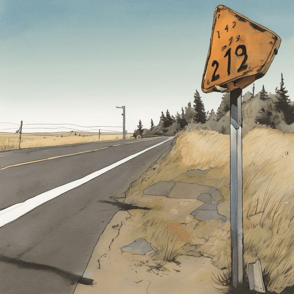 Detour sign crooked where no one drives.